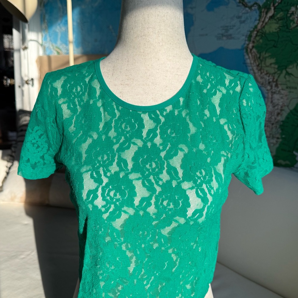 Anthropologie Lace Baby Tee Top in Kelly Green
